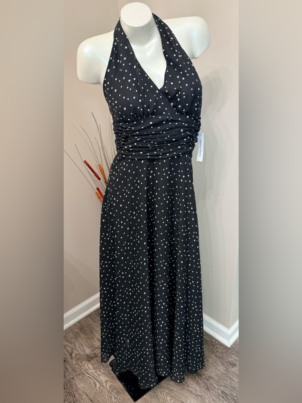 NWT STEPHANIE CHARLES Black White Polka Dots Ruching Tie Halter Dress Sz 10T NEW